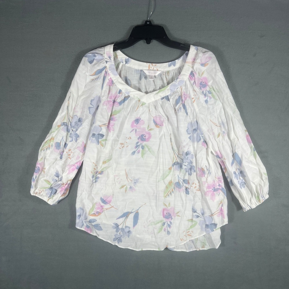 LC Lauren Conrad Womens Blouse S White Floral Relaxed 3/4 Sleeve Scoop Neck Top